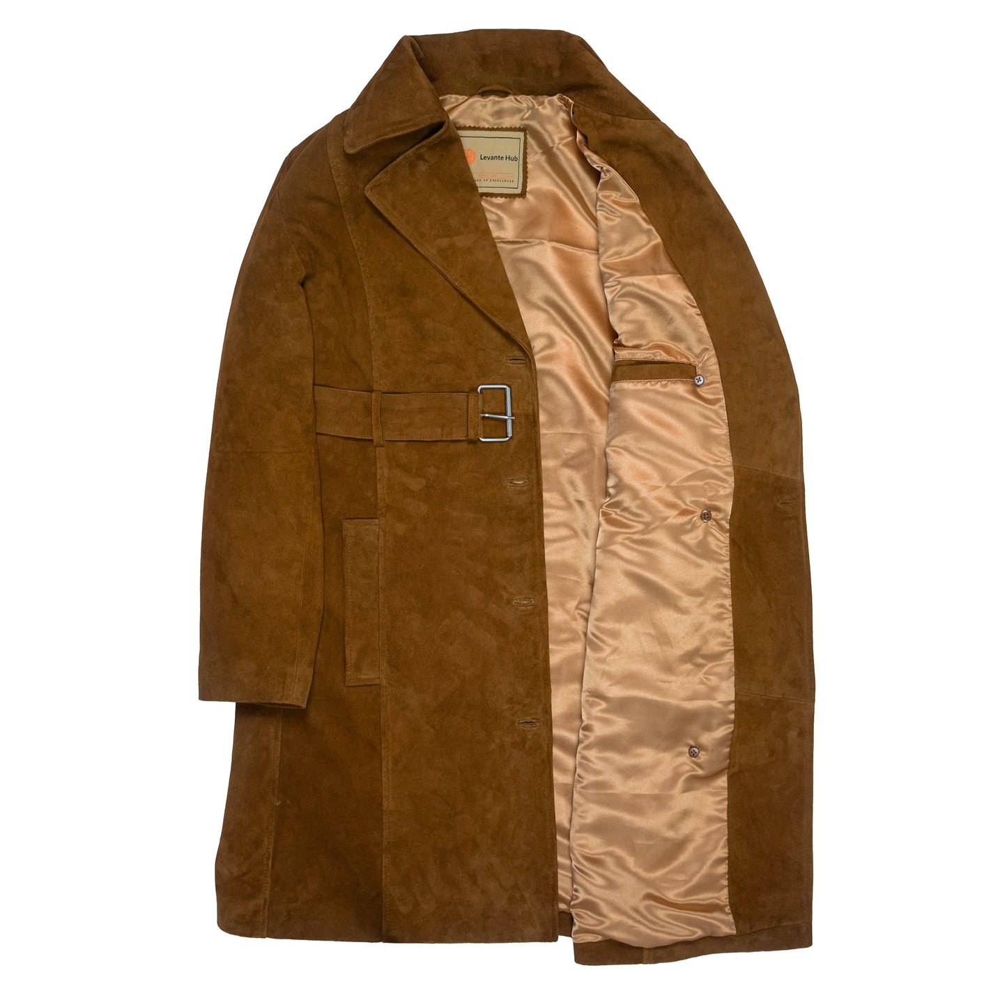 Women's Caramel Brown Suede Trench Coat-3