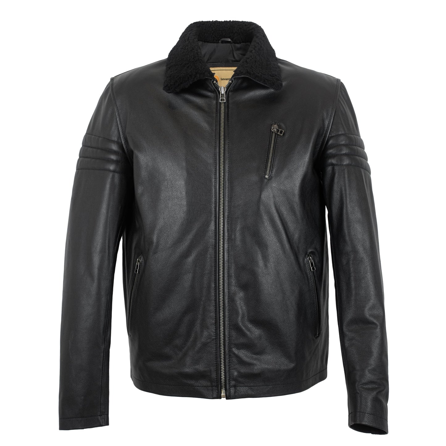 Black Stallion Cowhide Leather Jacket with Original Sheep Fur Collar-0