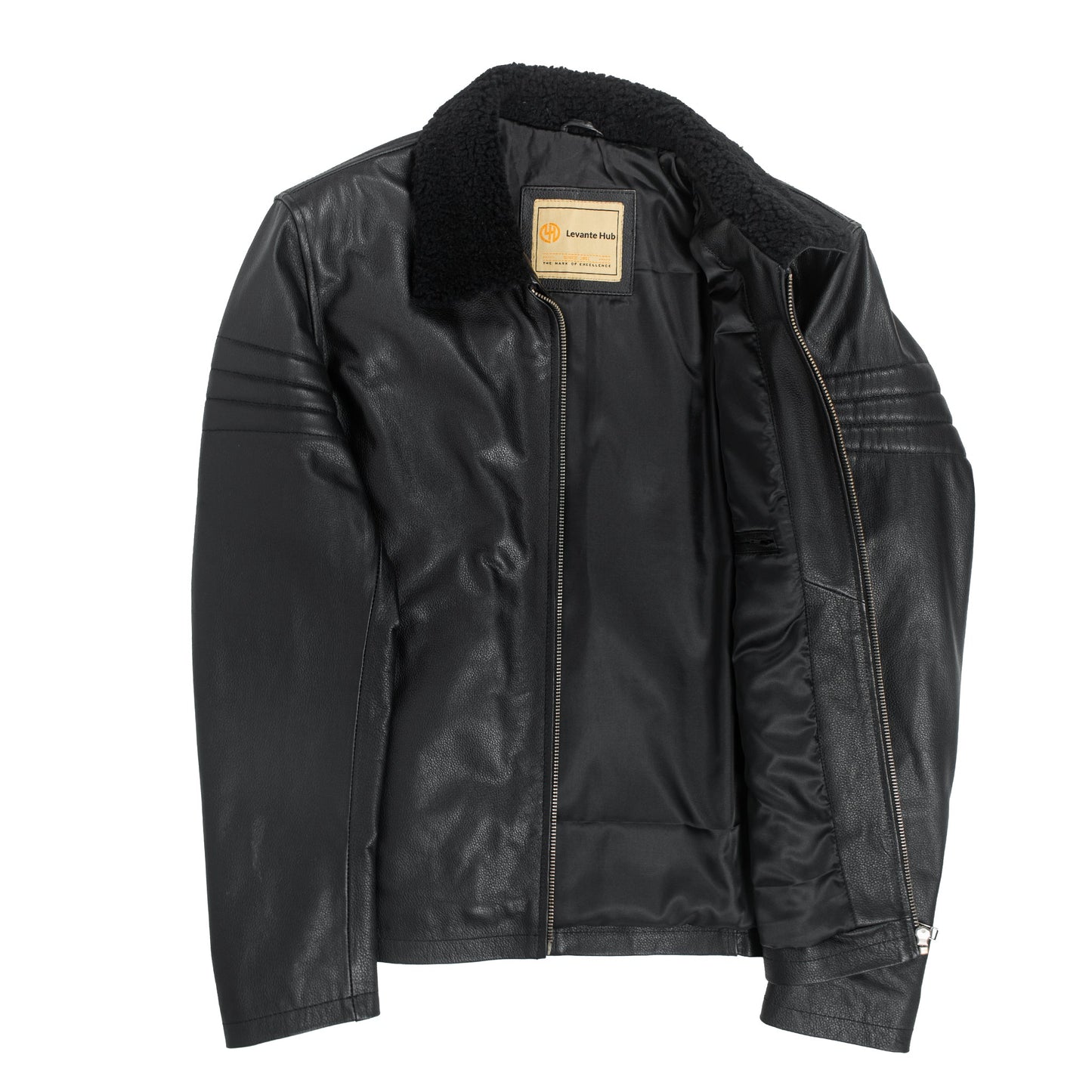 Black Stallion Cowhide Leather Jacket with Original Sheep Fur Collar-2