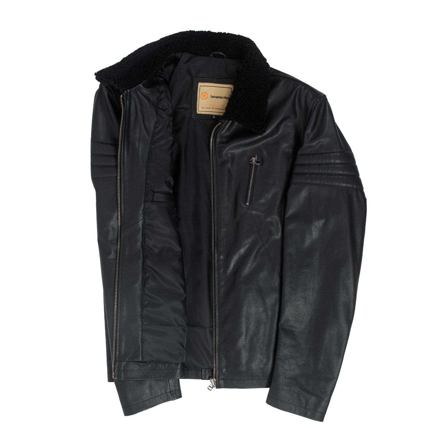 Black Stallion Cowhide Leather Jacket with Original Sheep Fur Collar-3