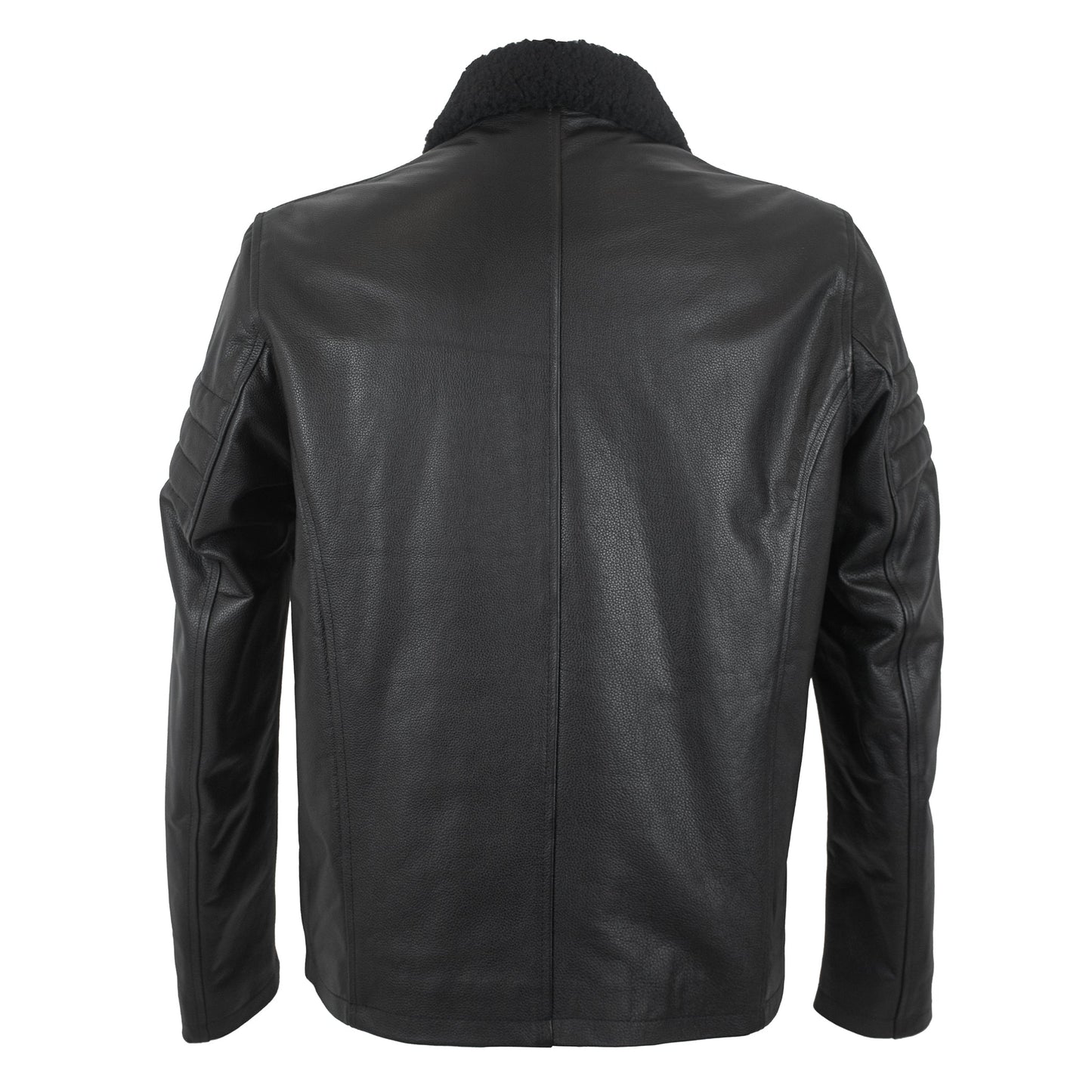 Black Stallion Cowhide Leather Jacket with Original Sheep Fur Collar-1