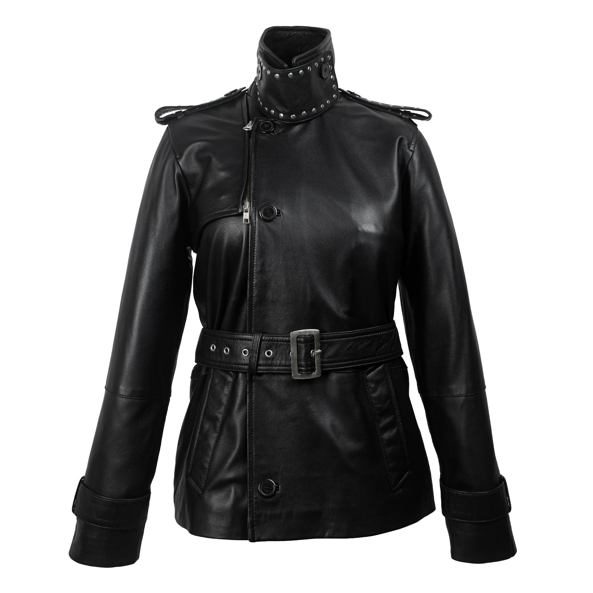 Black Studded Leather Trench Jacket-0