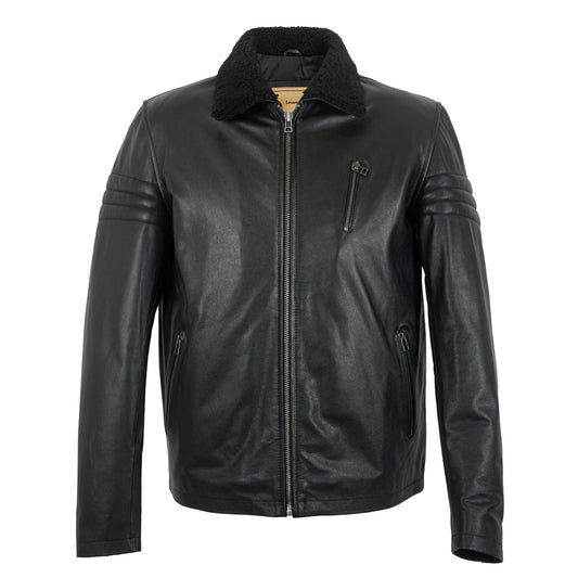 Black Stallion Cowhide Leather Jacket with Original Sheep Fur Collar-0