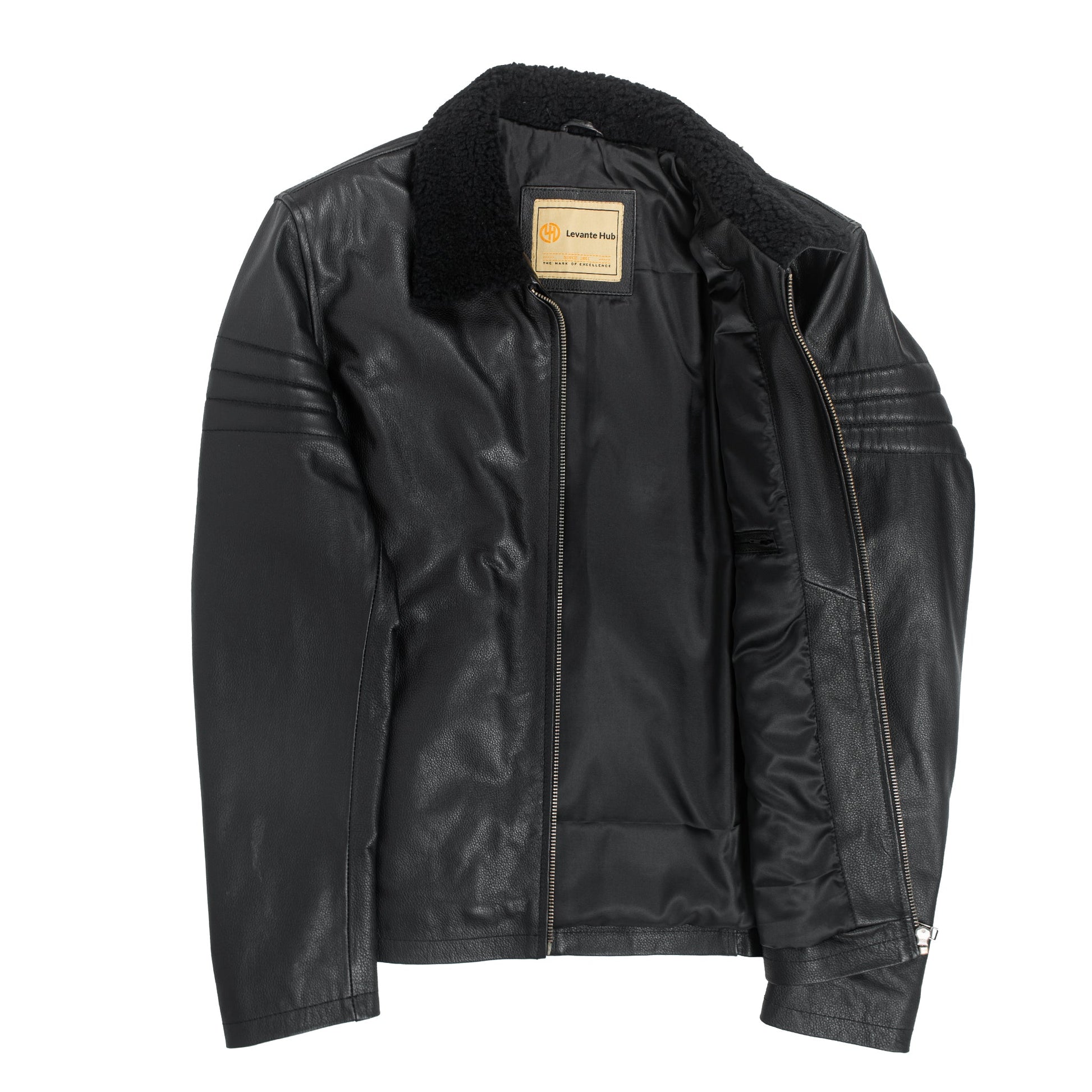 Black Stallion Cowhide Leather Jacket with Original Sheep Fur Collar-2