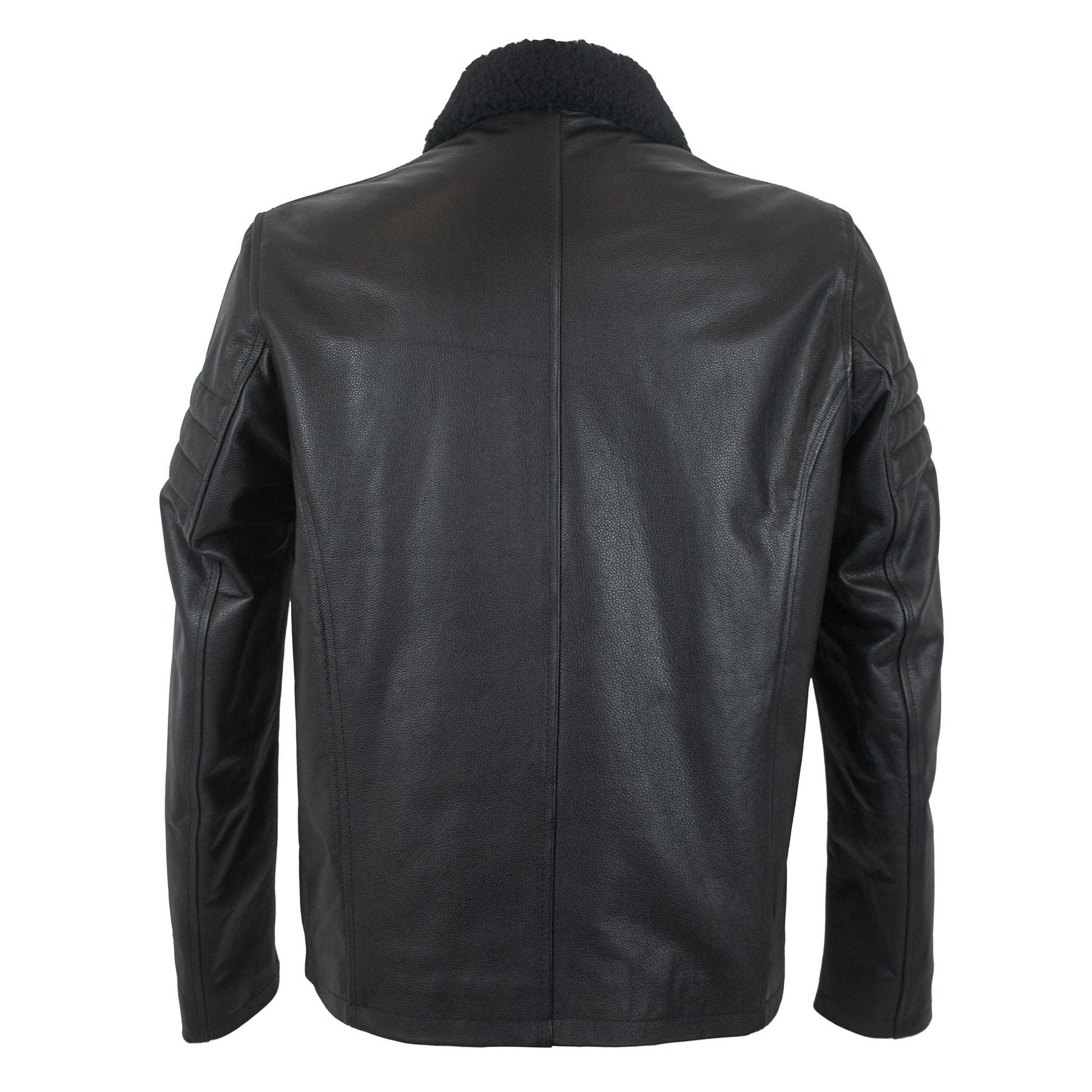 Black Stallion Cowhide Leather Jacket with Original Sheep Fur Collar-1